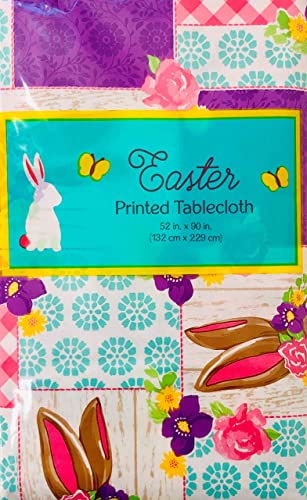 Mainstream International Adorable Easter Bunny Spring Floral Patchwork Vinyl Flannel Back Tablecloth (52'' X 90'' Oblong), Purple, Pink, Green, Yellow, Brown, White #TOP3