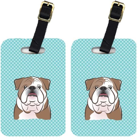 Caroline's Treasures BB1157BT - Par de etiquetas de equipaje de Bulldog inglés azul de tablero de ajedrez para maletas, etiquetas de viaje para