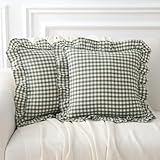 K MASANIJI 2 Pack Sage Green Plaid Ruffle Gingham Throw Pillow Covers, 100% Washed Cotton Checkered Farmhouse Decorative Pillow Shams for Bed/Sofa - 18''x18''