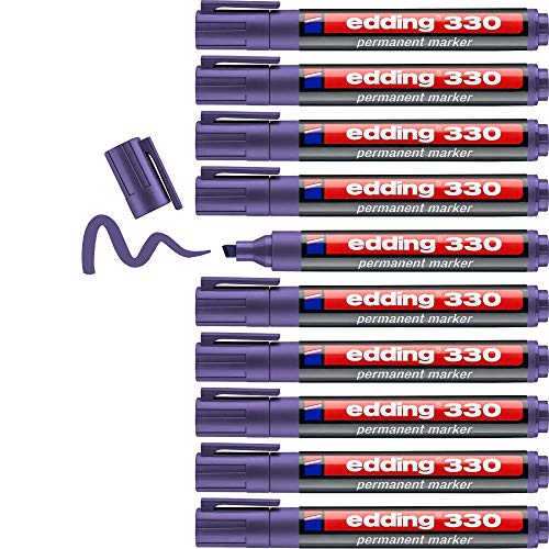 edding Pennarello permanente 330 - viola - 10 penne - punta a scalpello 1-5 mm - penne impermeabili ad asciugatura rapida - per cartone, plastica, vetro, legno, metallo e tessuto