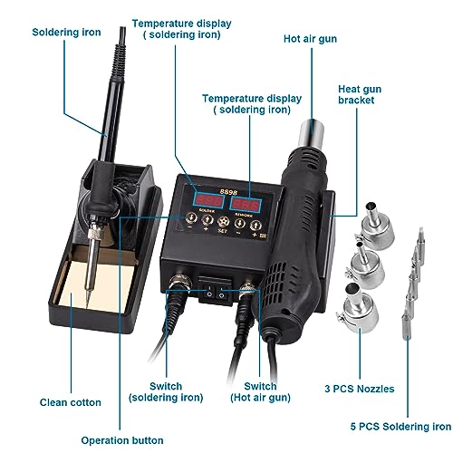 Defabee 14Pcs Soldering Station, 2 In 1 Hot Air Functions Digital Display Soldering Iron Soldering Kit thumb #4