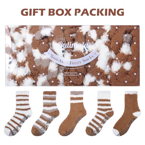 Image of Bulinlulu Fuzzy Socks With Grips for Women, 5 Pairs Non Slip Sleep Warm Fluffy Slipper Socks Gifts for Women