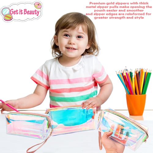 10 Pcs Holographic Clear Makeup Bags Iridescent Cosmetic Bags Travel Cosmetic Bags with Zipper Wrist Loop Waterproof Toiletries Organizer for Home Office Wedding Bachelorette Use4