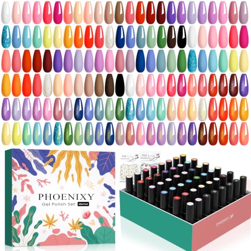 Phoenixy 42 Colores Pintauñas Semipermanentes 48Pz Esmaltes Semipermanentes para Uñas con 2 Base y 4 Top Coat Kit Uñas Semipermanentes con 2Pz Pegatinas para Uñas