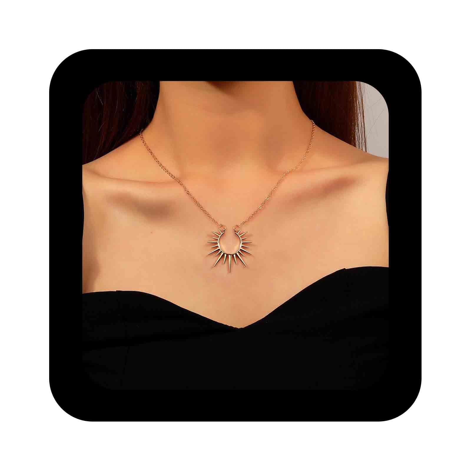 Gothic Spikes Rivets Choker Necklace Gold Sunburst Pendant Necklace Rising Sun Choker Necklace Vintage Sunburst Collar Necklace Jewelry for Women