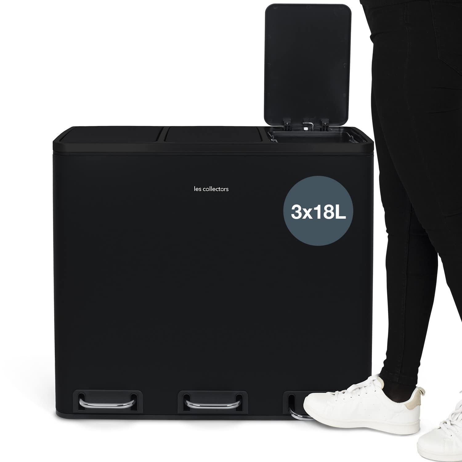 Les Collectors N°988, Papelera de Reciclaje o Basura, 3 contenedores Capacidad 54 L 3x18litros, Acero Inoxidable, Pedal en Acero, Antideslizante, Negro, Acabado Mate
