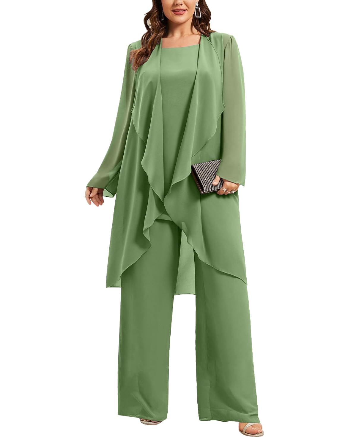 3 Pcs Mother of Bride Pant Suits for Women -Ruffle Chiffon Pleated Wedding Guest Formal Evening Outfit with