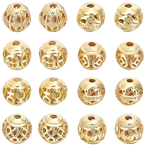 Beebeecraft 32Pcs 8 Style Filigree Beads Gold 8mm 18K Gold Plated Round Ball Loose Hollow Spacer Beads Metal Craft Accessories Bulk for Jewellery Making DIY Necklace Bracelet Hole: 2mm