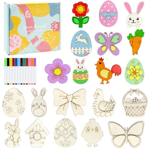 Hidreas 36 Pcs DIY Easter Wooden Magnets Art Craft Supplies Painting Kit for Easter Activities