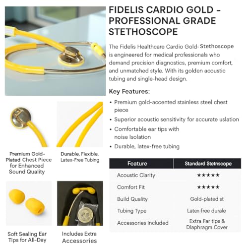 Image of Fidelis Healthcare Single Head Cardio Gold Stethoscope for Doctors and Medical Students, Nurses | Premium Acoustic Performance for Medical Professionals | Stethoscope with Soft Sealing Ear Knobs, Attractive & Stylish Look (Yellow)