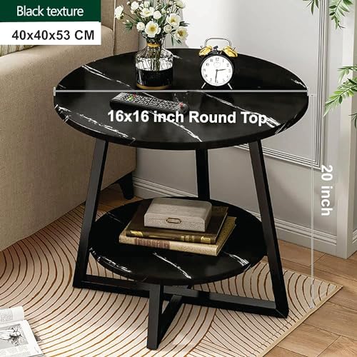 Image of Al Hama Coffee Table 2 Tier Round Tea Marble Pattern Table Modern Side Tables Sofa Table with Metal Frame Light End Tables Telephonr Table for Living Room-(Black)