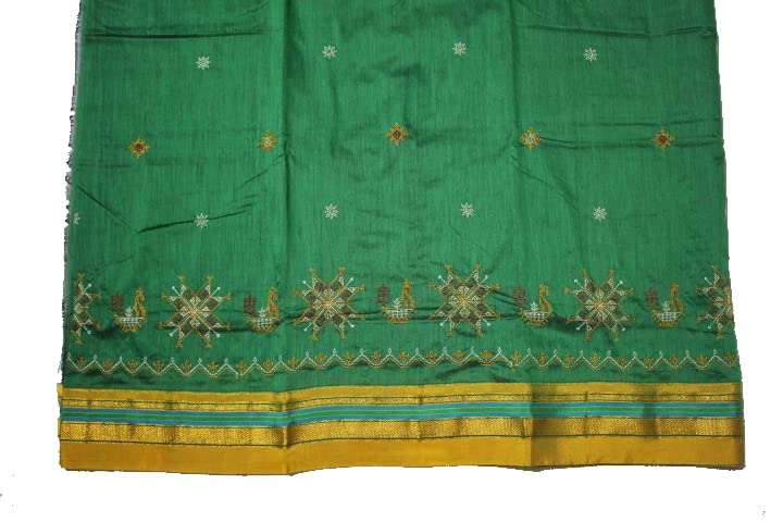 Image of Women Ilkal Cotton Blended Silk Kasuti Embroidery Saree with Traditional Stripe Pallu Unstitched Blouse Pattu