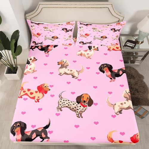 Latwerio Sabanas 105x200 Infantil Perro Tejonero 3D impresión Sábana Bajera de Microfibre Suave y Cómoda, Rosa Funda de Colchón Sábana con Elástica Bolsillo Profundo 30 cm, Sabanas Cama 105, T339