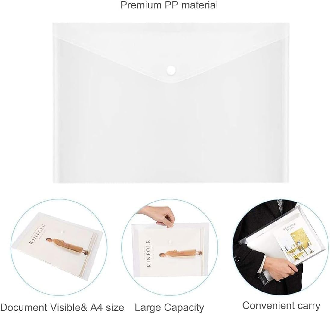ASelected Pack de 60 Fundas Plástico A4 Transparentes con Botón a Presión, Portadocumentos A4 y Carpeta Plástico Mate, Sobres Transparentes para Oficina, Hogar y Escuela
