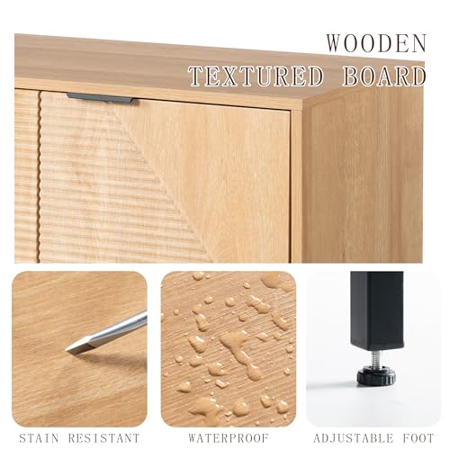 خزانة بوفيه جانبية عصرية مع ابواب وارفف - خزانة تخزين خشبية مخددة لغرفة المعيشة او المدخل او المطبخ (خشب البلوط الطبيعي)