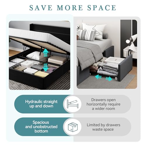 HOOMIC Queen Size Lift Up Storage Platform Bed Frame with Wingback Headboard/Velvet Upholstered/Heavy Duty Hydraulic Bed/Large Underneath Storage/Wooden Slats Support/Noise Free/Black