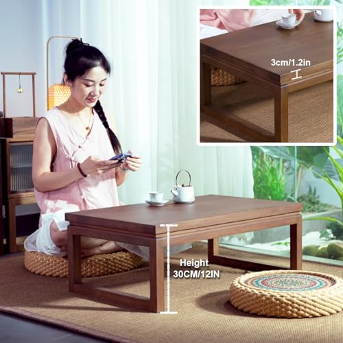 Table basse rectangulaire en bois massif sculptée style tatami chic