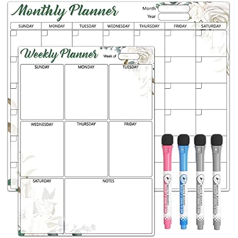 Whiteboard Calendar 2 Pcs Weekly Monthly Planner for Fridge Cupboard Glass Metal Wood, Self-adhesive Home Kitchen Dry Erase Wall Calendar 2023, Reusable Office Family Organiser Notice Board 4 Pens Cover