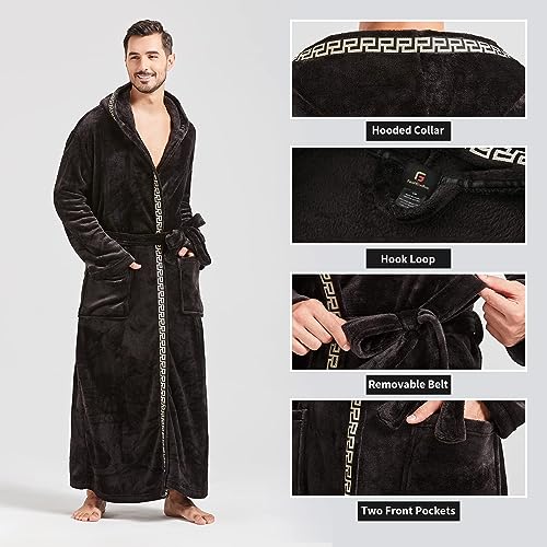 Image of FashGudim Mens Robes Big and Tall with Hood Two-Tone Flannel Fleece Contrast Bathrobe Full Length Plush Long Robe House Coat