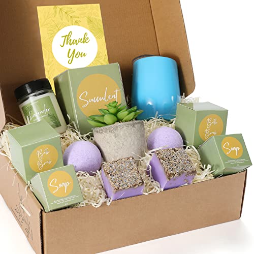 Product Image of the KEDRIAN Thank You Gift Box, Perfect Thank You Gifts for Women & Men, Teachers, Employee, Coworkers, Friend, Tumbler, Bath Bomb, Soap, Candle, Succulent, Thank You Card, Complete Thank You Gift Basket