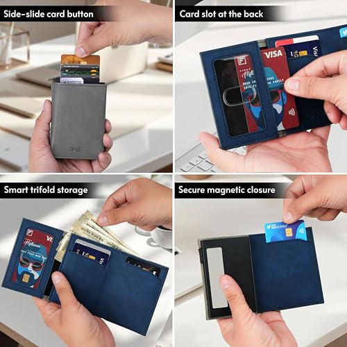 Image of The Wallet Store SlideX Neo RFID-Protected Pop-Up Card Holder Wallet for Men | Minimalist Leather Smart Wallet with Quick Access Ejector | Compact Dual-Color Card Case | Holds 6-10 Cards (Grey)