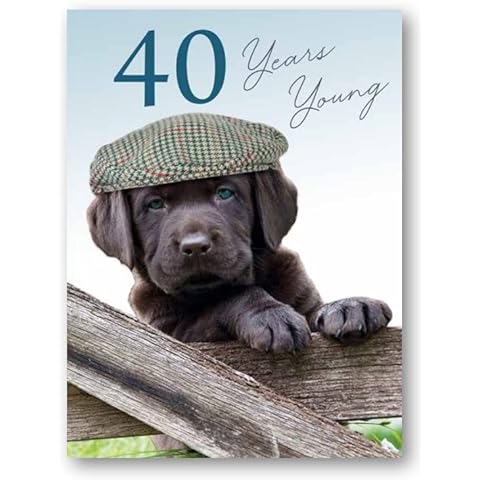 Noel Tatt - 40th Male Birthday Card - 40 Years Young Puppy Wearing Flat Cap - For Him, green, black, white, grey, 172 x 125 mm Cover