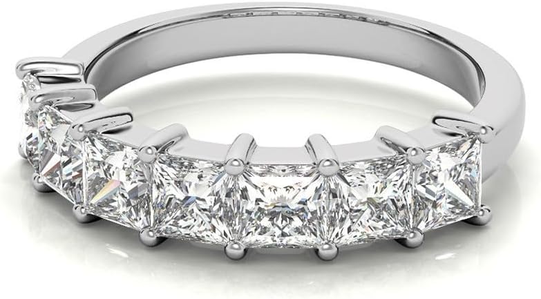 Princess Cut Moissanite Band Ring for Women, 7 Stone Half Eternity Wedding Band Moissanite Anniversary Ring Fine Silver Jewelry Gift for Her