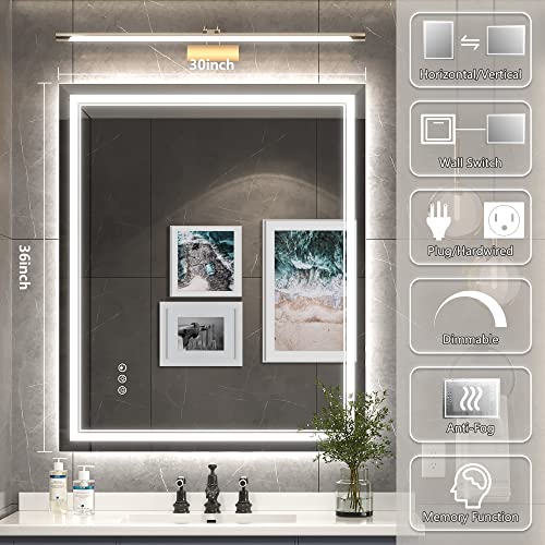 Image of 30x36 Inch Led Mirror for Bathroom with Front Light and Backlit, Bathroom Mirror with Led Lights, Vanity Mirror with Lights for Wall, Anti-Fog, Dimmable, Memory Function, Tempered Glass