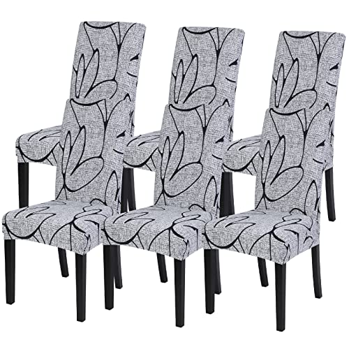 Image of SearchI Dining Room Chair Covers Set of 6, Stretch Printed Parsons Chair Slipcovers Spandex Removable Washable Kitchen Chair Protector Cover for Dining Room, Hotel, Ceremony (Grey Lotus+White Texture)