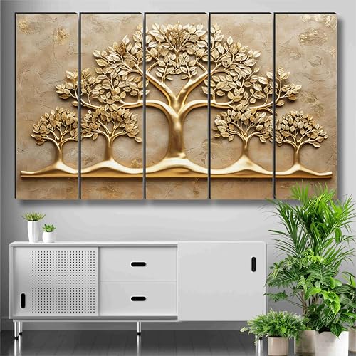 Image of Livin'luxe Golden Tree of Life Wall Art | 5 Panel Textured Wall Art Painting | Luxury Gold Embossed Family Tree Design for Living Room, Hallway, Office, Housewarming Gift (50 x 30 Inch) XL-35439