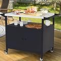 RAXSINYER Outdoor Grill Table with Storage, Stainless Steel Grill Cart, Outdoor Kitchen Island Prep Stand Station,Blackstone Griddle Stand, BBQ Serving Cart Rolling Bar Cart with 4 Utensil Hooks 1