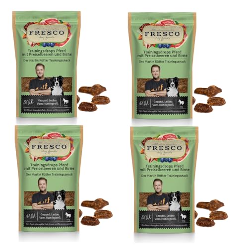 Fresco Martin Rütter Trainingsdrops Pferd mit Preiselbeeren und Birne | 4er Pack | 4 x 150 g | Natürlicher Monoproteinsnack für Hunde | Getreidefreie Rezeptur