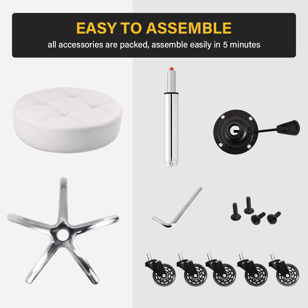 WKWKER Taburete de Oficina con Ruedas de 11 cm más Grueso, Giratorio, Ajustable, de Piel sintética, para Cocina, salón, Oficina, Masaje, Color Blanco