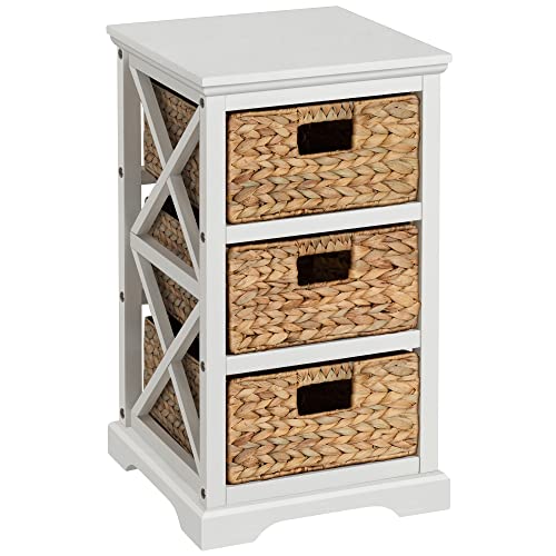 eHemco Hampton Meadows 3 Tier X-Side End Storage Cabinet with 3 Wicker Baskets, White