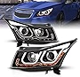 AmeriLite for 2011-2015 Chevy Cruze U-Type LED Tube Black Replacement Projector Headlights Pair w/Bulbs - Passenger and Driver Side