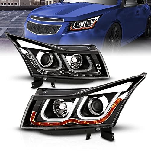 AmeriLite for 2011-2015 Chevy Cruze U-Type LED Tube Black Replacement Projector Headlights Pair w/Bulbs - Passenger and Driver Side