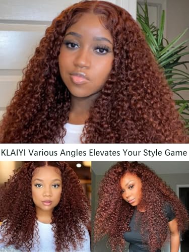 Image of KLAIYI Bye Bye Knots Glueless Wig Reddish Brown Curly Pre Cut 7x5 Lace Front Wigs Human Hair Drawstring Pre Plucked Bleached 30S Ready to Wear and Go Wig Water Wave Beginner Wigs with Baby Hair 16Inch