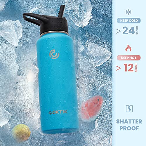 Coktik 40 Oz Sports Water Bottle With Straw,3 Lids, Stainless Steel Vacuum Insulated Water Bottles,Leakproof Lightweight, Keeps Cold And Hot, Great For Travel, Hiking, Biking, Running(Ocean) #TOP2