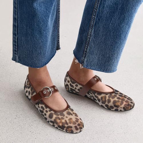 Leopard Mesh Flats for Women Round Toe Mary Jane Ballet Flats Buckle Strap Slip On Casual Breathable Ballerina Shoes3