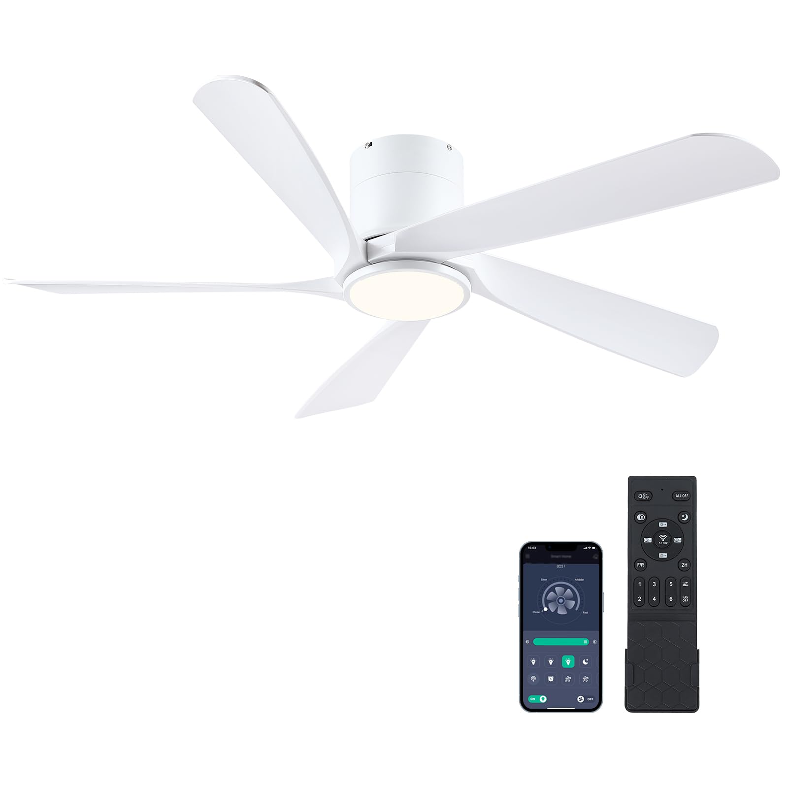 54" Flush Mount Ceiling Fan - White Low Profile Ceiling Fans with Lights and Remote/APP, 6 Speeds and Reversible 5 Fan Blades, Indoor Modern Ceiling Fan LED Light for Bedroom, Living Room
