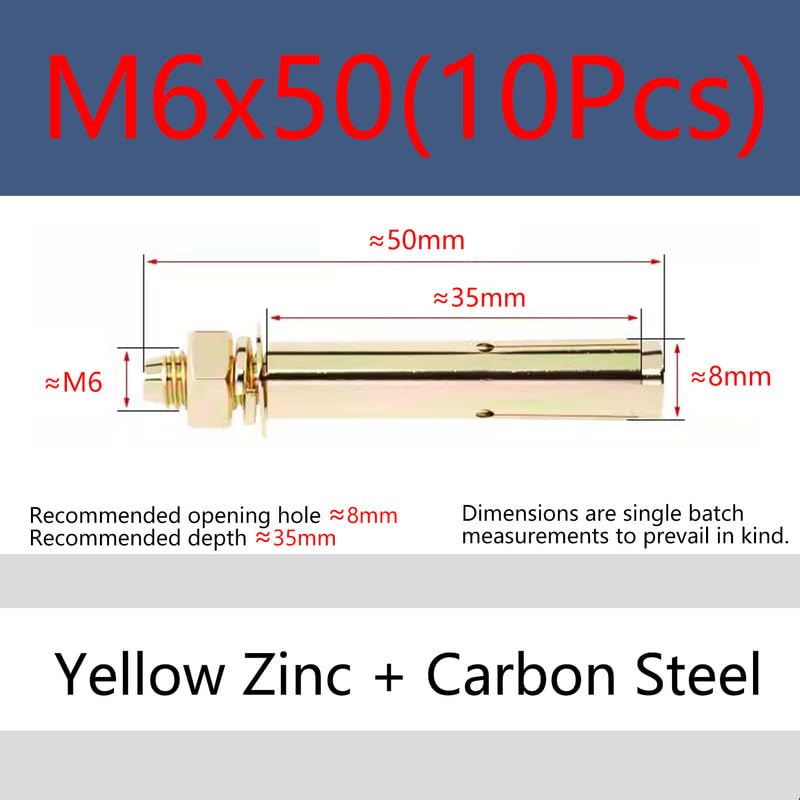 MOOPW Plated Zinc Expansion Bolts for Concrete Wall Fixing Anchor Bolt External Expansion Tube Pull Explosion Screws M6 x 50mm 10 Pcs