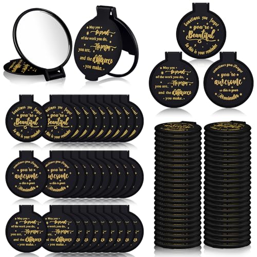 Wenqik 64 Pcs Black Inspirational Mini Compact Mirror for Purse Women Small Gifts Bulk, Round Makeup Folding Mirror, Thank You Gift Bag Stuffer, Galentine Valentine Day for Women Coworker Staff