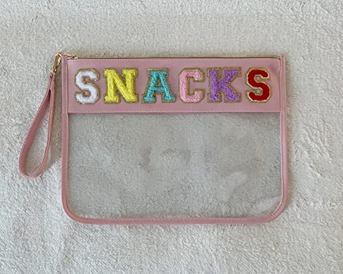 Image of Chenille Letter Clear Bag Purse Multi-purpose Transparent Waterproof Snacks Makeup Tote Bag with Wrist Strap