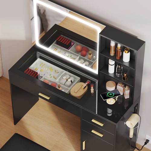 DWVO 45" W Vanity Desk w/Wireless Charging Station & Power Outlet, Mirror w/Lights Table Set with 4 Drawers, 3 Lighting Modes Brightness Adjustable for Bedroom Studio, Upgraded Black