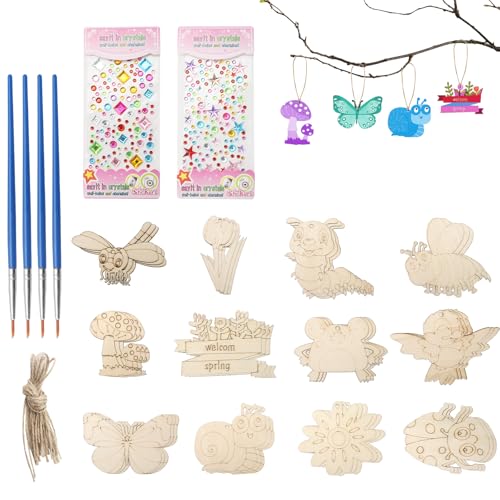 HENGBIRD Juego de 36 colgantes de madera, para niños, para manualidades, para el cumpleaños de los niños, para pintar y colgar, manualidades, mariposas y flores, con pluma de acuarela, strass