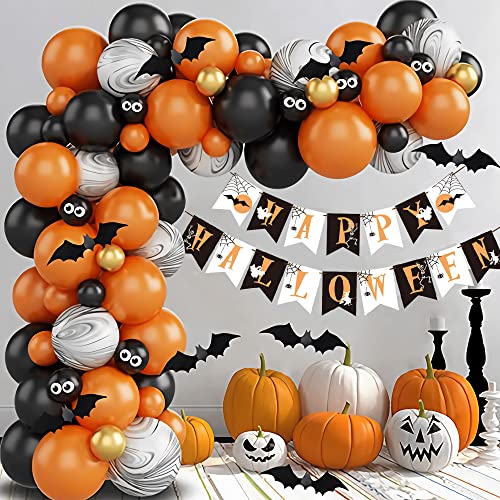 Halloween Balloons Arch Kit 81P Halloween Balloon Garland Kit with Happy Halloween Banner 3D Bat Metallic Chrome Gold Balloons Marble Balloon Orange Black Balloons for Kids Halloween Party Decorations