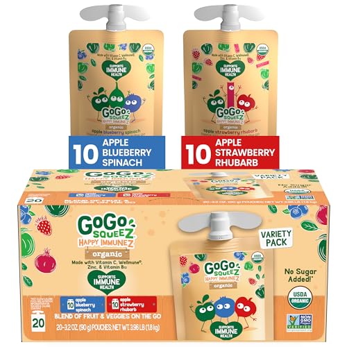 GoGo squeeZ Happy ImmuneZ Variety Pack, Organic Apple Blueberry Spinach & Apple Strawberry Rhubarb, 3.2 oz (Pack of 20), Kids Snacks with Prebiotic Fiber, Gluten, Nut & Dairy Free