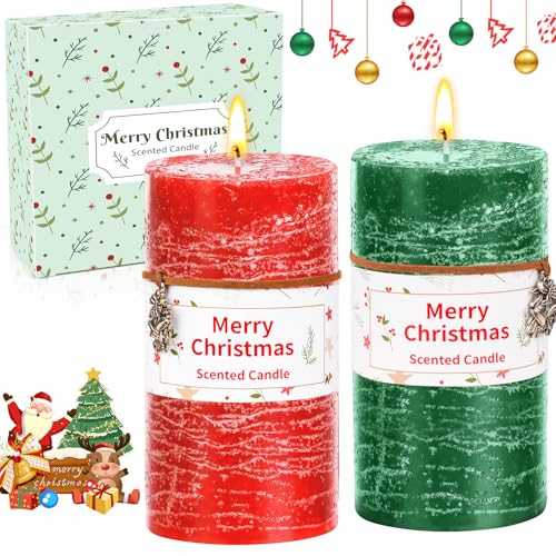 Christmas Scented Candles Gifts for Women | Large Pillar Candles Pack of 2 | 35+ Hour Long Burn Festive Candles 100% Natural Soy Wax for Home Decor, Events, Celebrations Dining