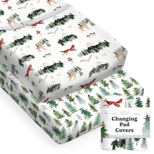 Image of Baby Changing Pad Cover 2-Pack for Boys, Girls (Woodland Forest Animals) - Premium Fitted Sheets Baby Diaper Changing Table Cover - Buttery Soft Cotton Blend