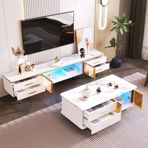 Goldicoo Ensemble meuble TV et table basse blanc avec motif marbre, panneau de particules, verre trempé, poignées dorées, éclairage LED, meubles de salon